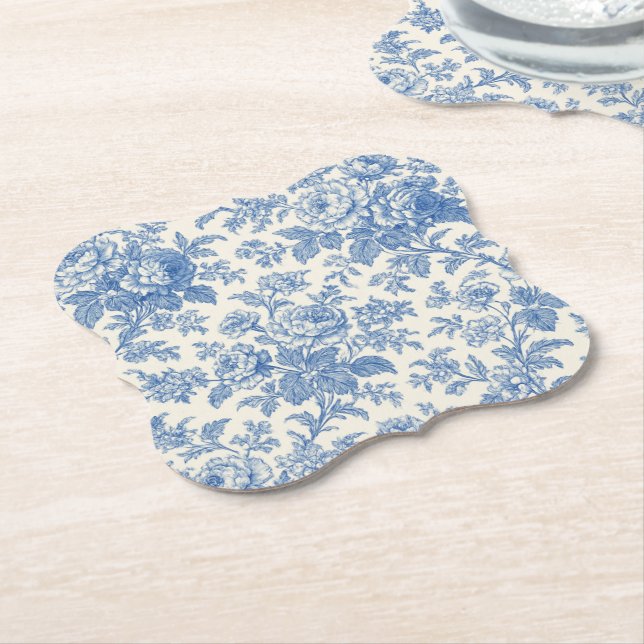 Blue and Cream Floral Toile de Jouy Underlägg Papper (Vinklad)