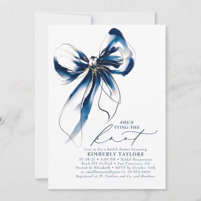 Blue and Gold Bow Elegant Whimsical Bridal Shower Inbjudningar (Framsida)