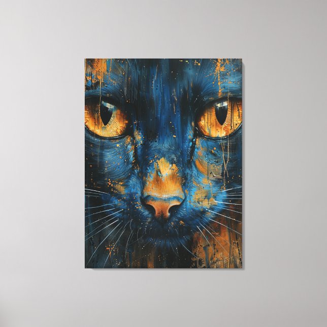 Blue and Gold Cat Modern Abstract Feline Portrait Canvastryck (Framsida)