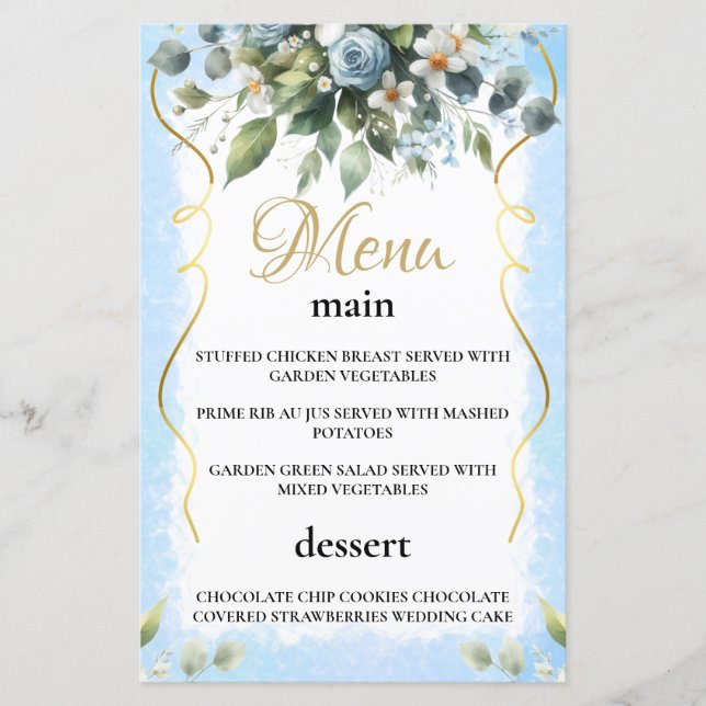 Blue and Gold Elegant Floral Rustic  Menu Card (Framsida)
