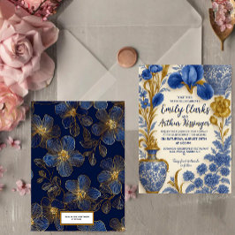 Blue and Gold Luxury Floral Wedding Invitation  Folierat Kort