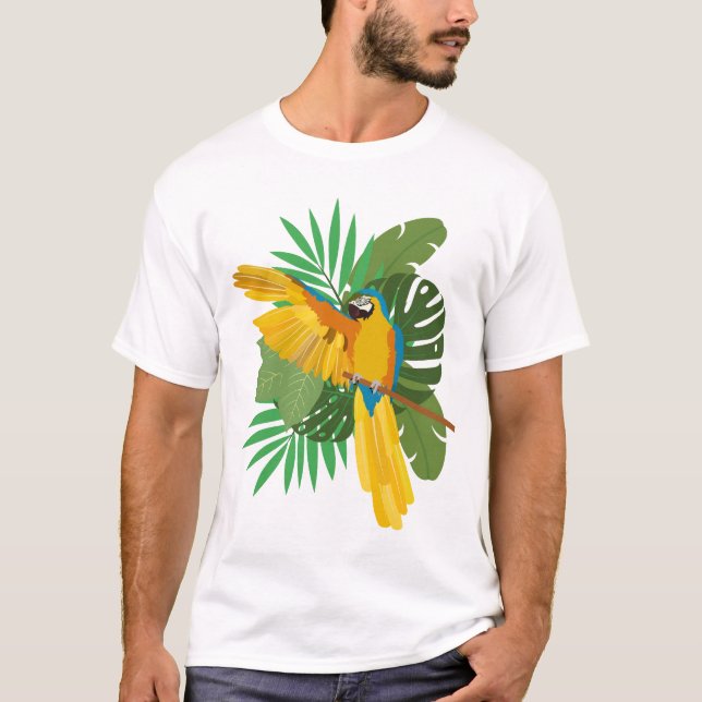 Blue and Gold macaw with leaves T Shirt (Framsida)