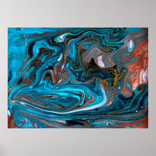 Blue and gold marbling pattern. Golden marble liqu Poster (Framsidan)