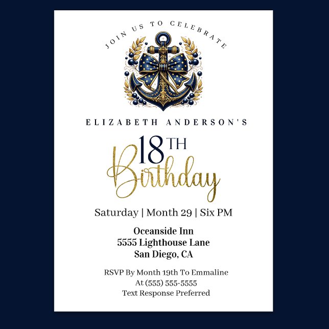 Blue and Gold Nautical Bow Anchor 18th Birthday Inbjudningar (Navy blue and gold nautical anchor 18th birthday invitation)