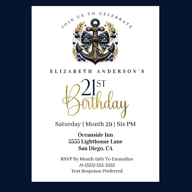Blue and Gold Nautical Bow Anchor 21st Birthday Inbjudningar (Navy blue and gold nautical 21st birthday invitation)