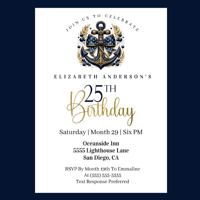 Blue and Gold Nautical Bow Anchor 25th Birthday Inbjudningar (Blue and gold nautical anchor 25th birthday invitation)