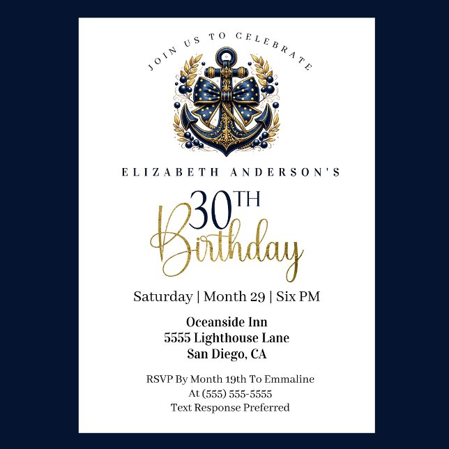 Blue and Gold Nautical Bow Anchor 30th Birthday Inbjudningar (Blue and gold nautical anchor 30th birthday invitation)