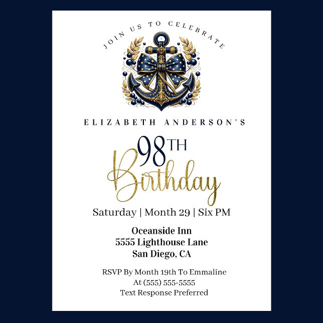 Blue and Gold Nautical Bow Anchor 98th Birthday Inbjudningar (Blue and gold nautical 98th birthday invitation)