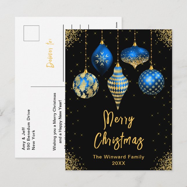 Blue and Gold Ornaments Merry Christmas Helg Vykort (Fram/baksida)