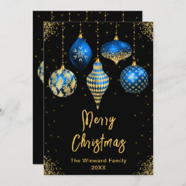 Blue and Gold Ornaments Merry Christmas Julkort