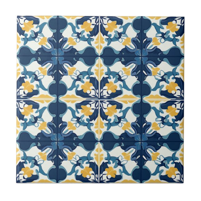 Blue and Gold Pattern Ceramic Tile Kakelplatta (Framsidan)