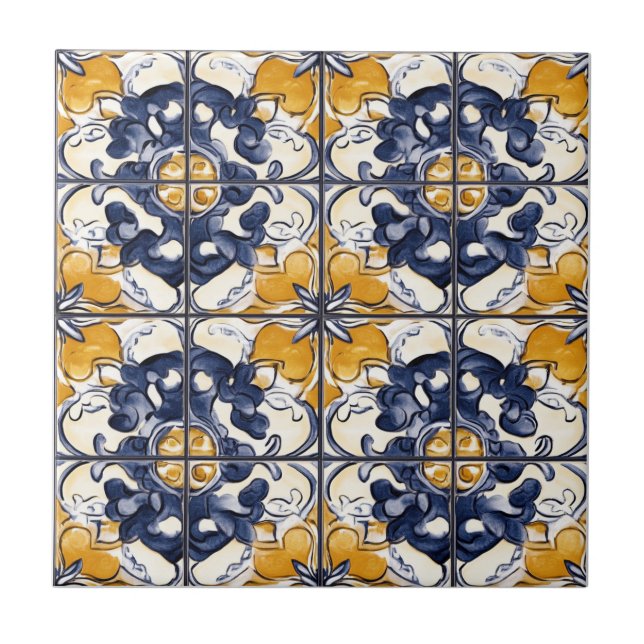 Blue and Gold Pattern Ceramic Tile Kakelplatta (Framsidan)