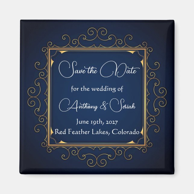 Blue and gold "save the date" magnet (Framsidan)