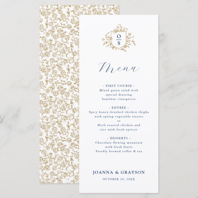 Blue and Gold Vintage Botanical Wedding Meny (Fram/baksida)