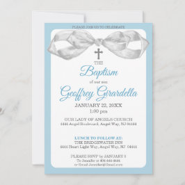 Blue and Gray Watercolor Bow & Cross Baptism Inbjudningar