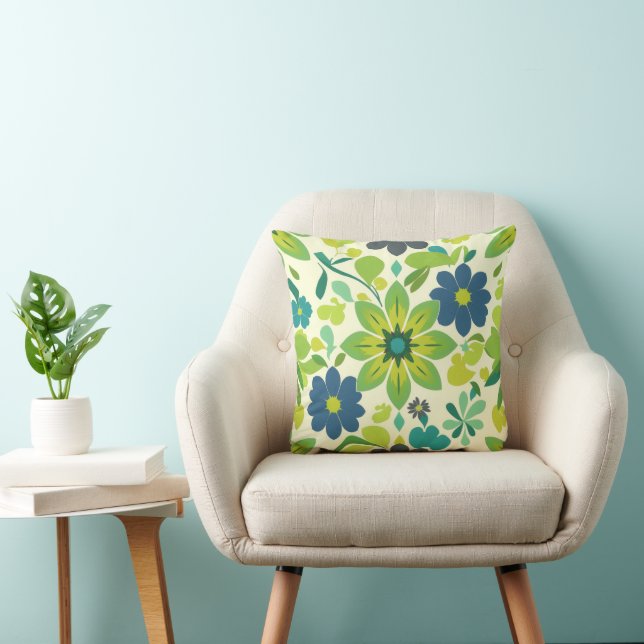 Blue and Green Floral Square Throw Pillow Kudde (Stol)
