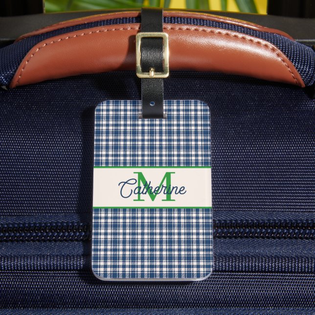 Blue and Green Gingham Plaid Tartan Monogram Bagagebricka (Framsida Insitu 2)