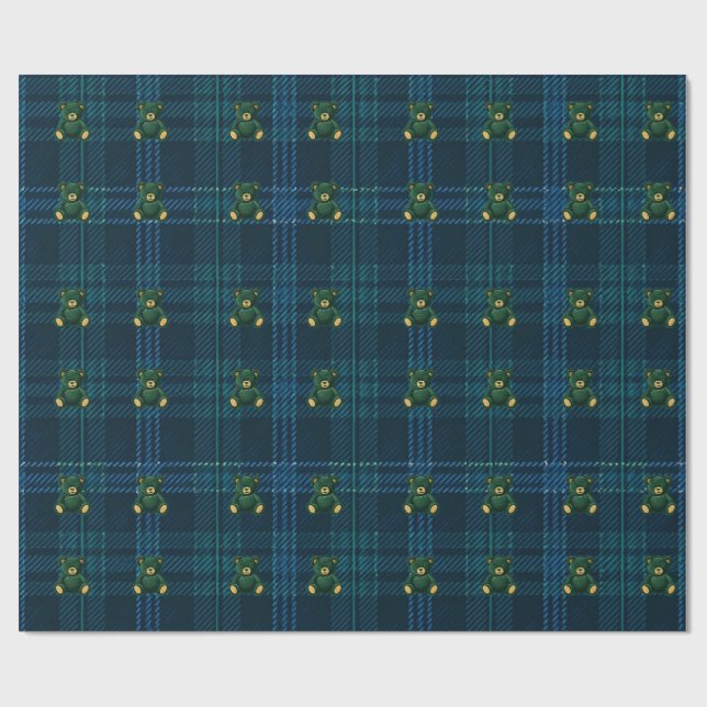 Blue and Green Plaid Teddy Bear Wrapping Paper Presentpapper (Platt)