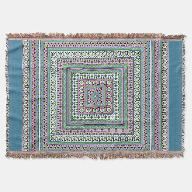 Blue and green square ethnic ornament scarf filt (Framsidan)