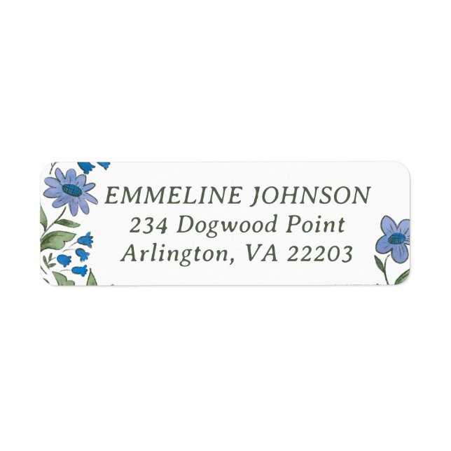 Blue and Green Sweet Country Floral Address Returadress Etikett (Framsidan)