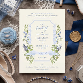 blue and greenery garden crest wreath wedding inbjudningar