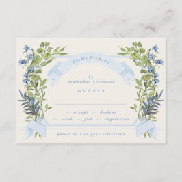 blue and greenery garden crest wreath wedding rsvp inbjudningar