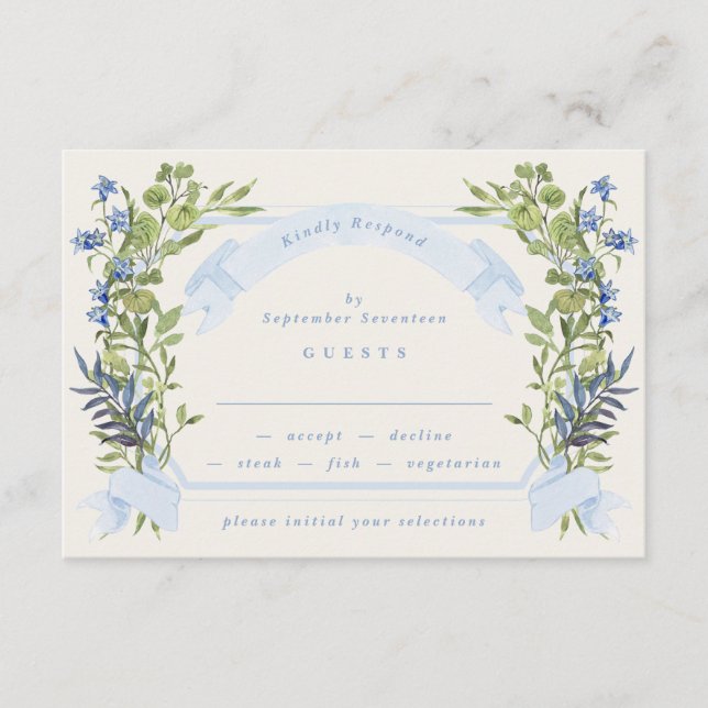 blue and greenery garden crest wreath wedding rsvp inbjudningar (Framsida)