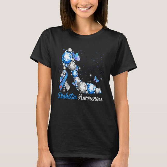 Blue And Grey Ribbon High Heel Diabetes Awareness T Shirt (Framsida)