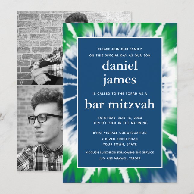 Blue and Grönt Tie Dye Pub Mitzvah Photo Collage Inbjudningar (Fram/baksida)