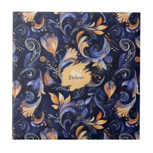 Blue and Guld Abstrakt Paisley Löv Kakelplatta