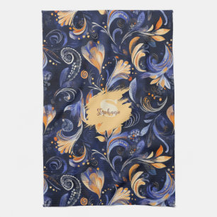 Blue and Guld Abstrakt Paisley Löv Kökshandduk