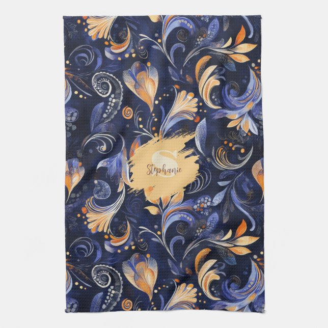 Blue and Guld Abstrakt Paisley Löv Kökshandduk (Vertikal)