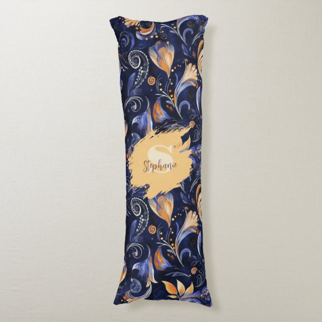 Blue and Guld Abstrakt Paisley Löv Kroppskudde (Framsidan Vertikal)