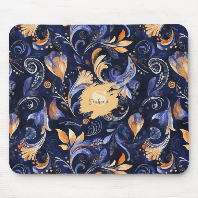 Blue and Guld Abstrakt Paisley Löv Musmatta (Framsidan)