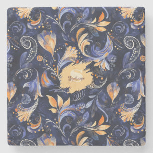 Blue and Guld Abstrakt Paisley Löv Stenunderlägg