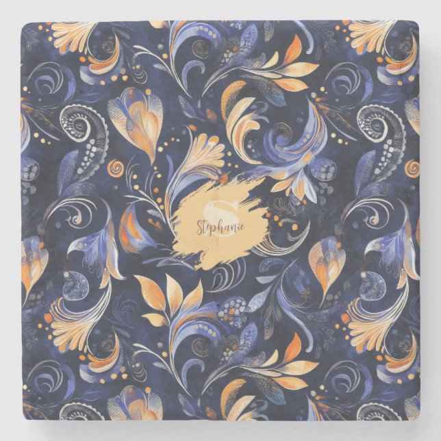 Blue and Guld Abstrakt Paisley Löv Stenunderlägg (Framsidan)
