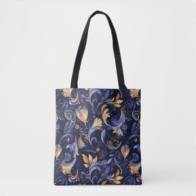 Blue and Guld Abstrakt Paisley Löv Tygkasse (Framsida)