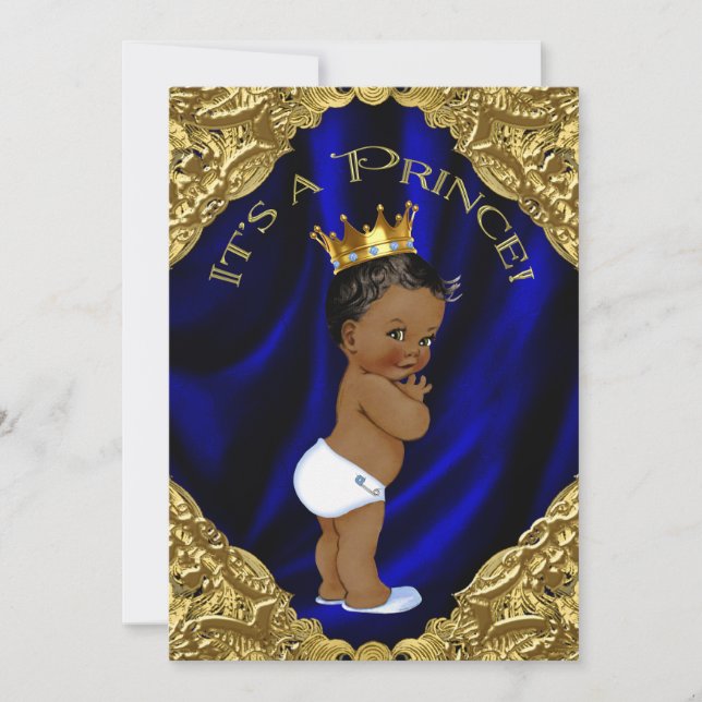 Blue and Guld African American Prince Baby Shower Inbjudningar (Framsida)