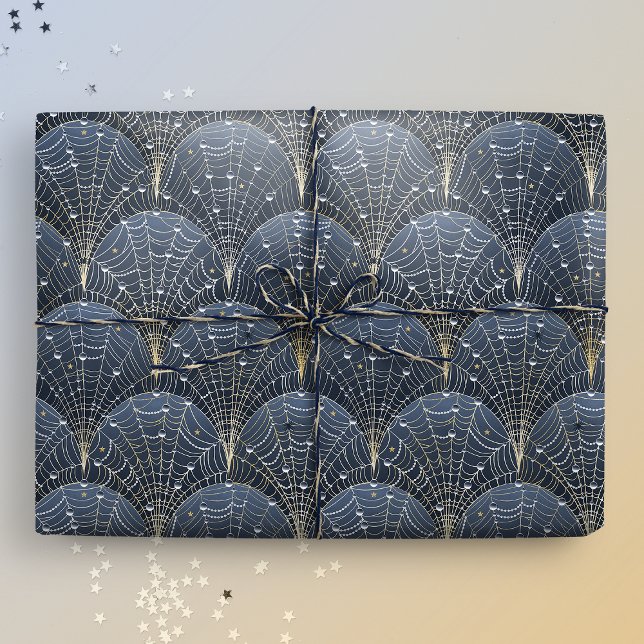 Blue and Guld Art Deco Cobweb Luxury Presentpapper (Gift mockup)