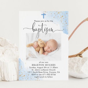 Blue and Guld Boy Baptism Christening Dedication Inbjudningar
