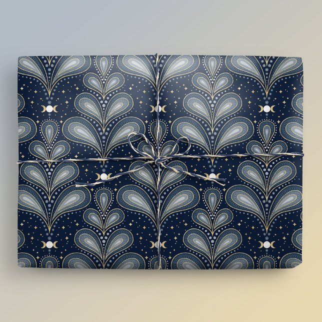 Blue and Guld Elegant Art Deco Celestial Paisley Presentpapper (Gift mockup)