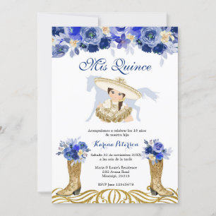 Blue and Guld Spain Boot Charra Quinceanera Inbjudningar
