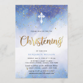 Blue and Guld Watercolor Boy Christening Inbjudningar