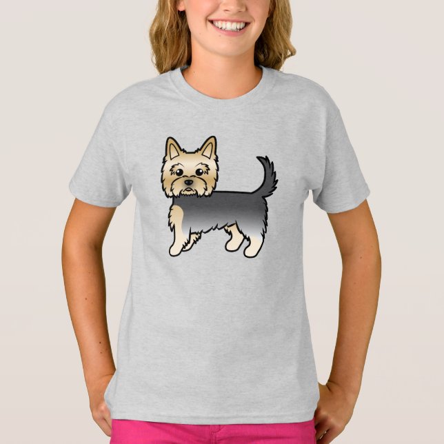 Blue and Guld Yorkshire Terrier Yorkie Tecknad hun T Shirt (Framsida)