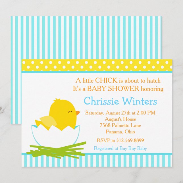Blue and Gult Boy Chick Baby Shower Inbjudningar (Fram/baksida)