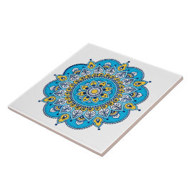 Blue and Gult Mandala Ceramic Tile. Kakelplatta