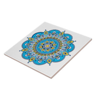 Blue and Gult Mandala Ceramic Tile. Kakelplatta