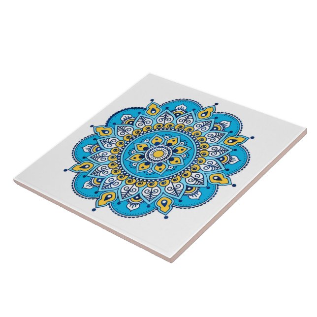 Blue and Gult Mandala Ceramic Tile. Kakelplatta (Sidan)