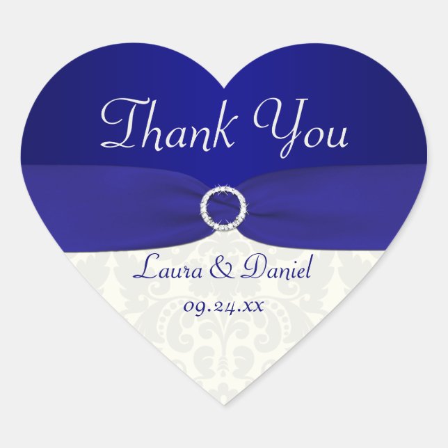 Blue and Ivory Damask Hjärtformade Bröllop Sticker Hjärtformat Klistermärke (Framsida)