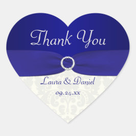 Blue and Ivory Damask Hjärtformade Bröllop Sticker Hjärtformat Klistermärke